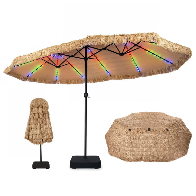 Double-Sided Patio Umbrella 15x9 ft with Solar LED Lights by DirectDeals