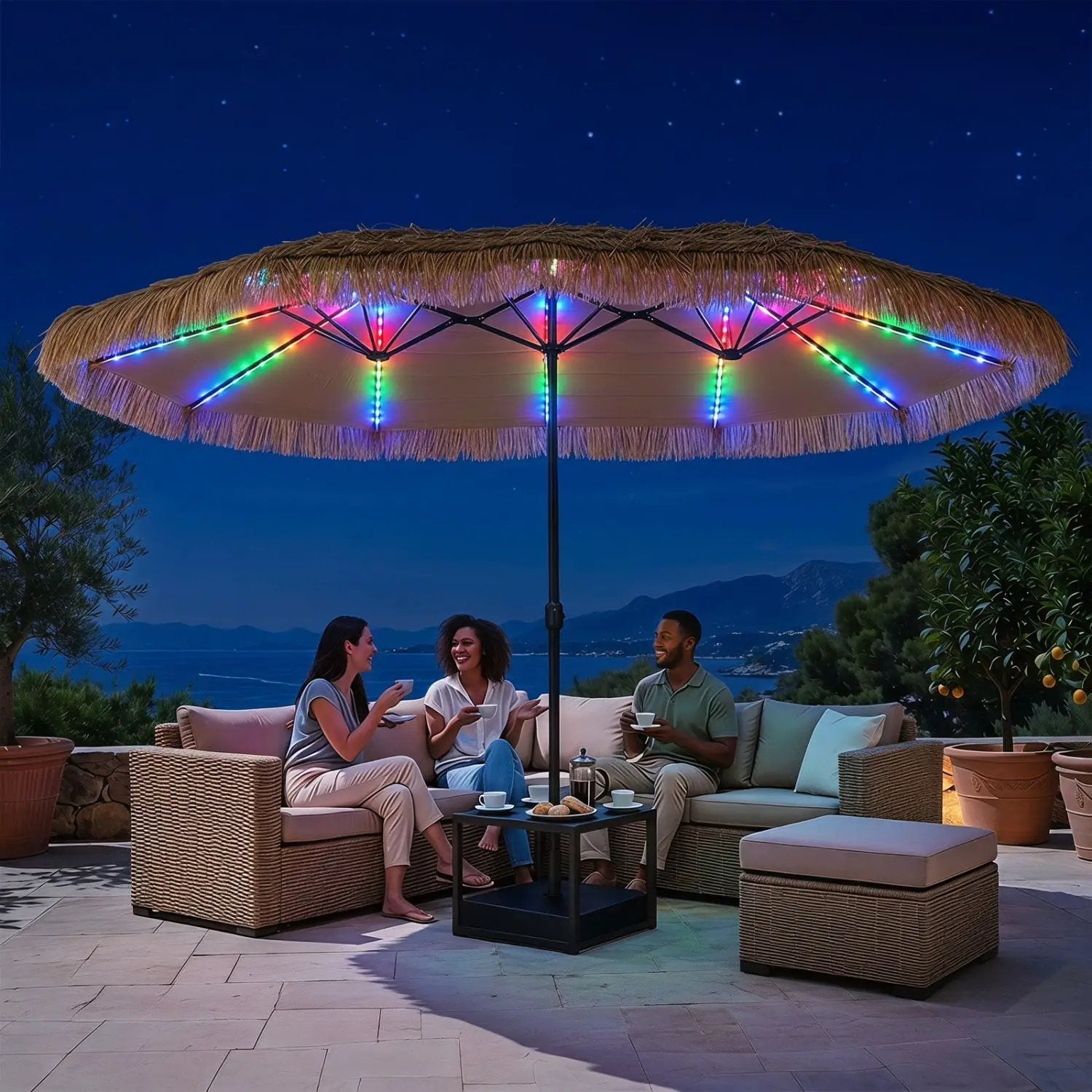 Double-Sided Patio Umbrella 15x9 ft with Solar LED Lights by DirectDeals