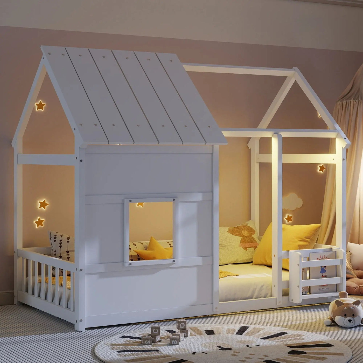 House Floor Bed With 7 Color LED Light, Built In Bookshelf by Unique Piece Furniture