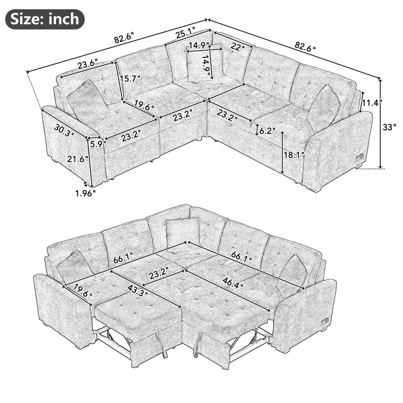 L-Shape Sofa Bed Pull-Out Sleeper Sofa With Wheels, USB Ports, Power Sockets For Living Room by Unique Piece Furniture