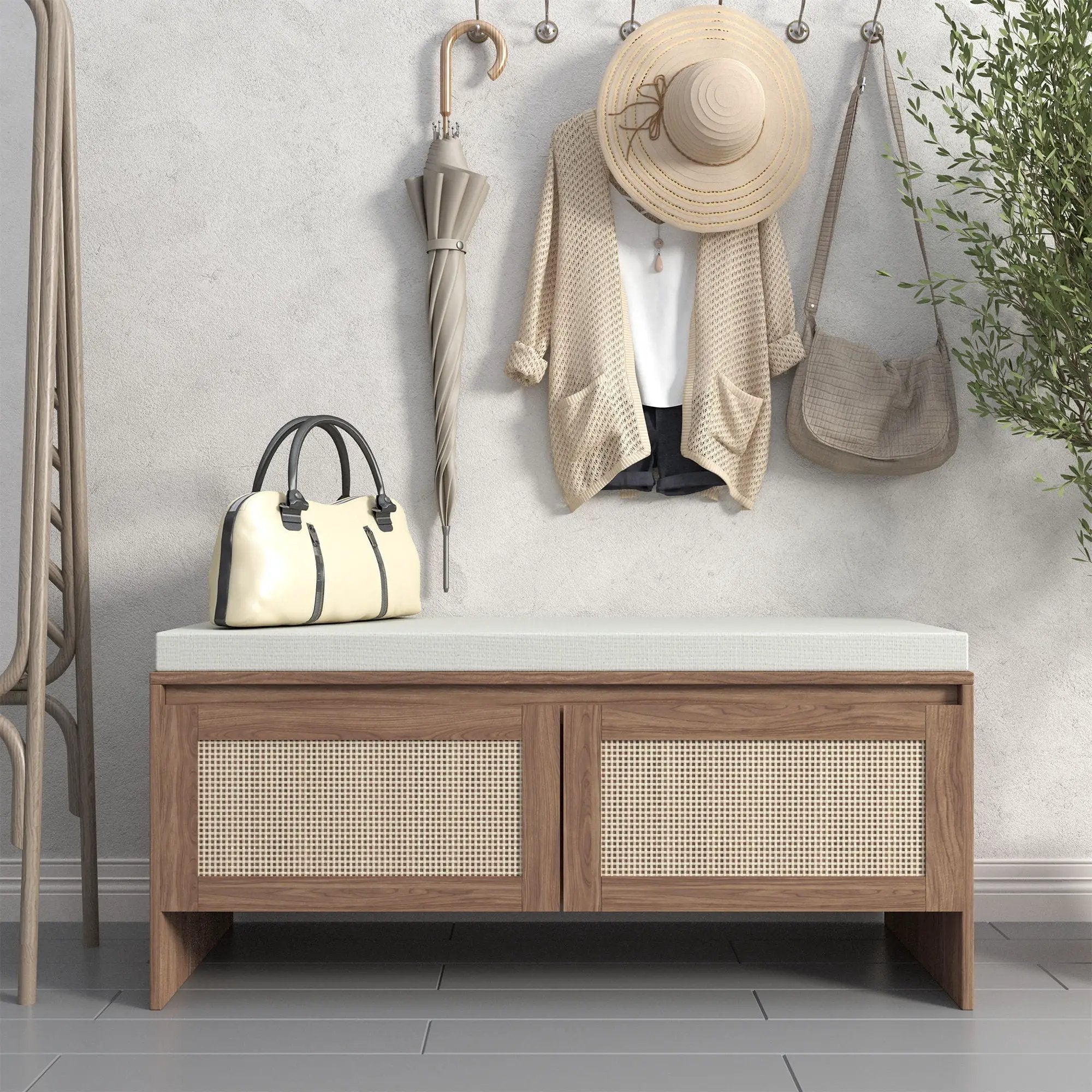 Storage Bench With Cushion, Shoe Cabinet With 2 Doors - Antique Natural / Rattan by Unique Piece Furniture
