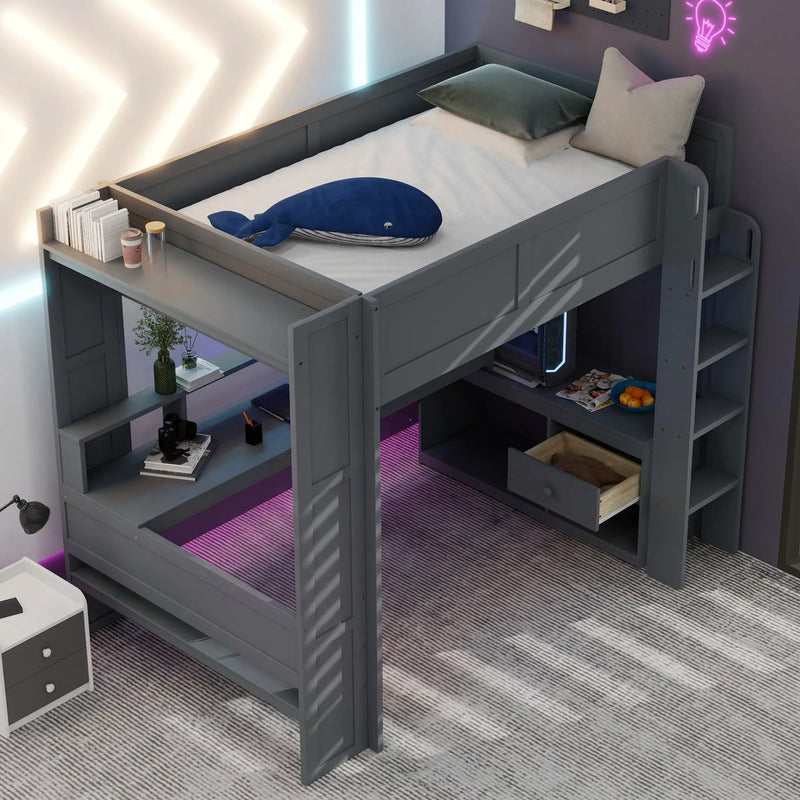 Wood Full Size Gaming Loft Bed with Desk, Multi-storage Shelves, LED and Charging Station, photo 4 of 10
