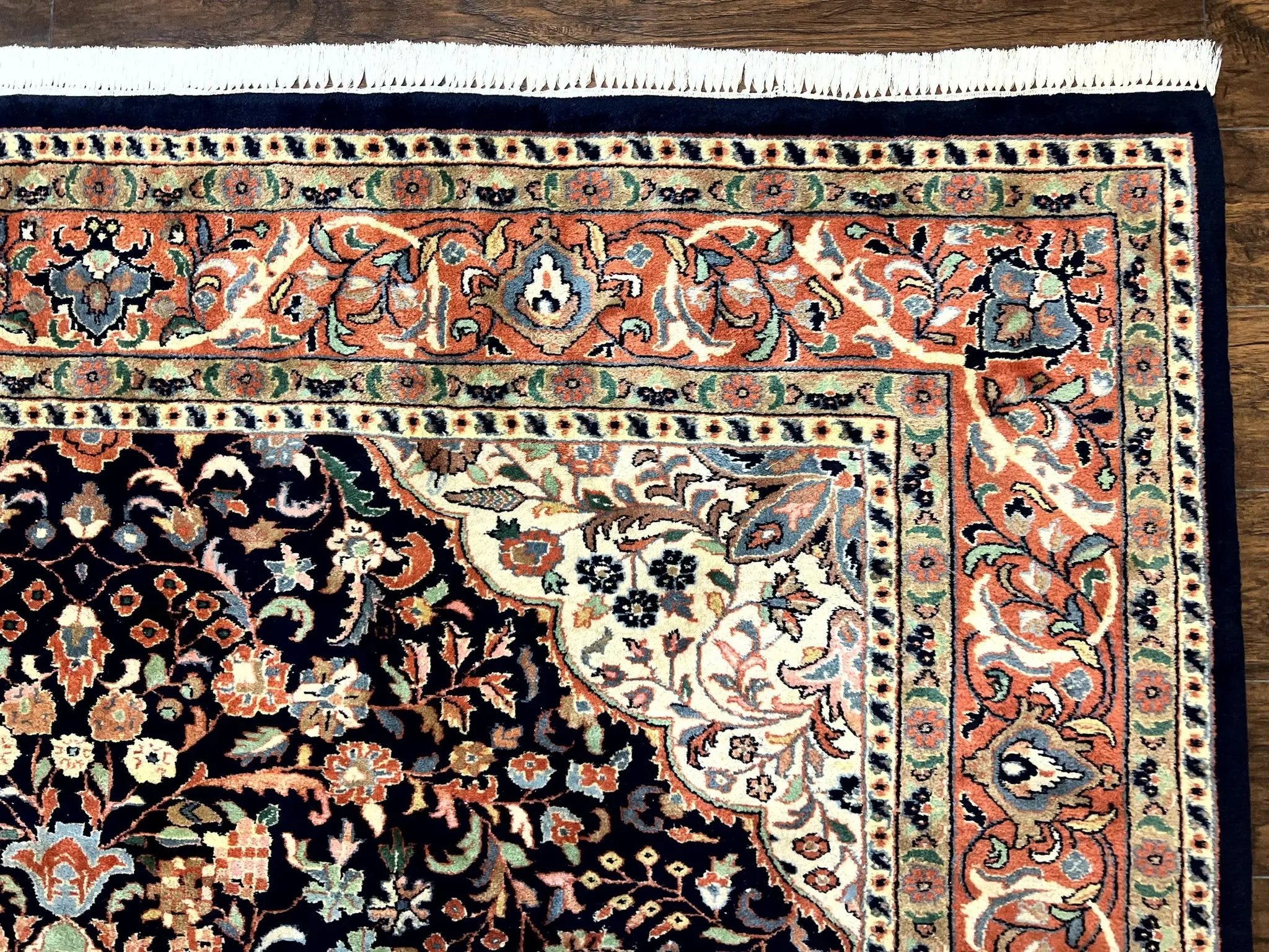 Indo Persian Rug 8x10, Midnight Blue & Red, Handmade Vintage Wool Carpet, Floral Medallion by Jewel Rugs