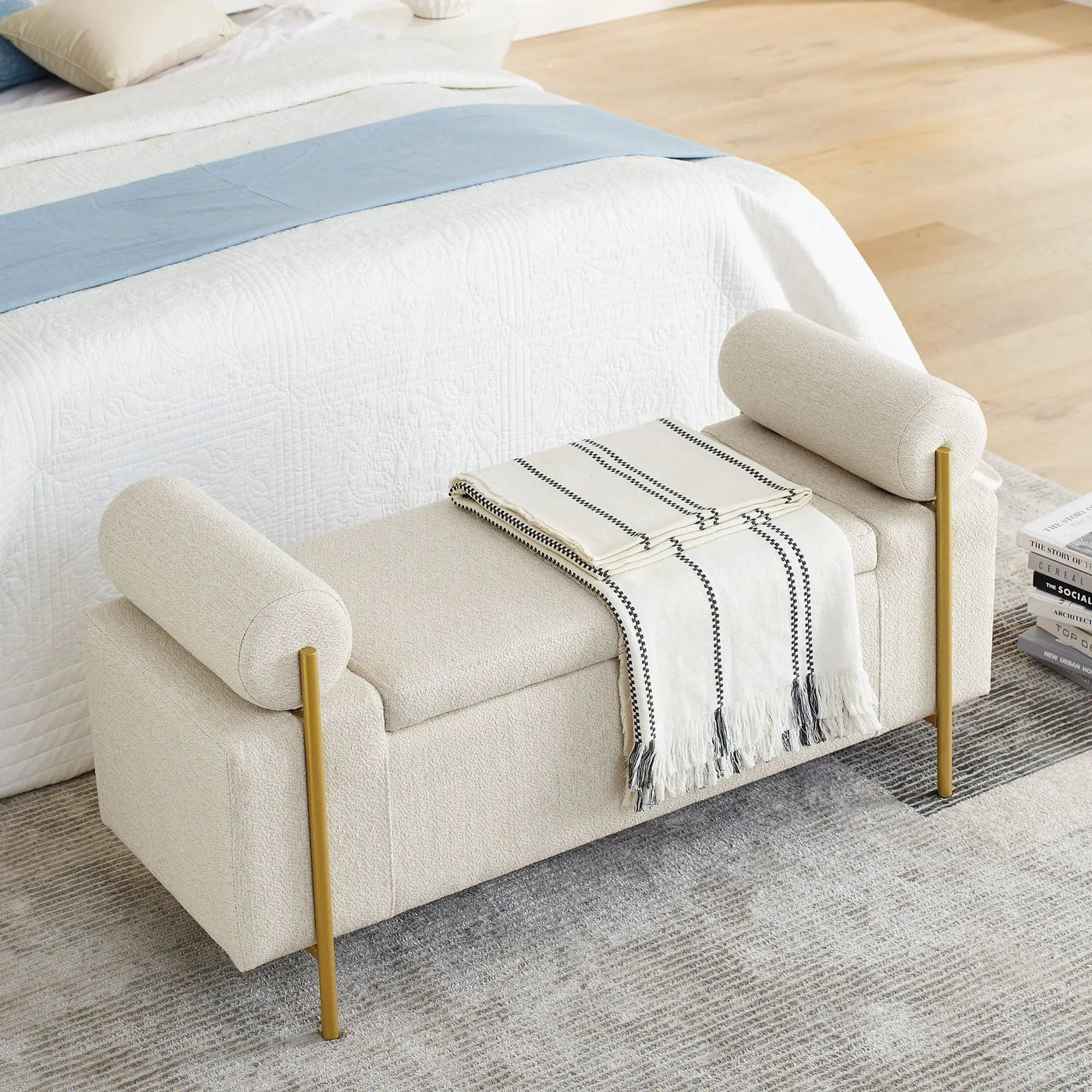 Elegant Upholstered Storage Bench With Cylindrical Arms And Iron Legs, by HouseOfZazla