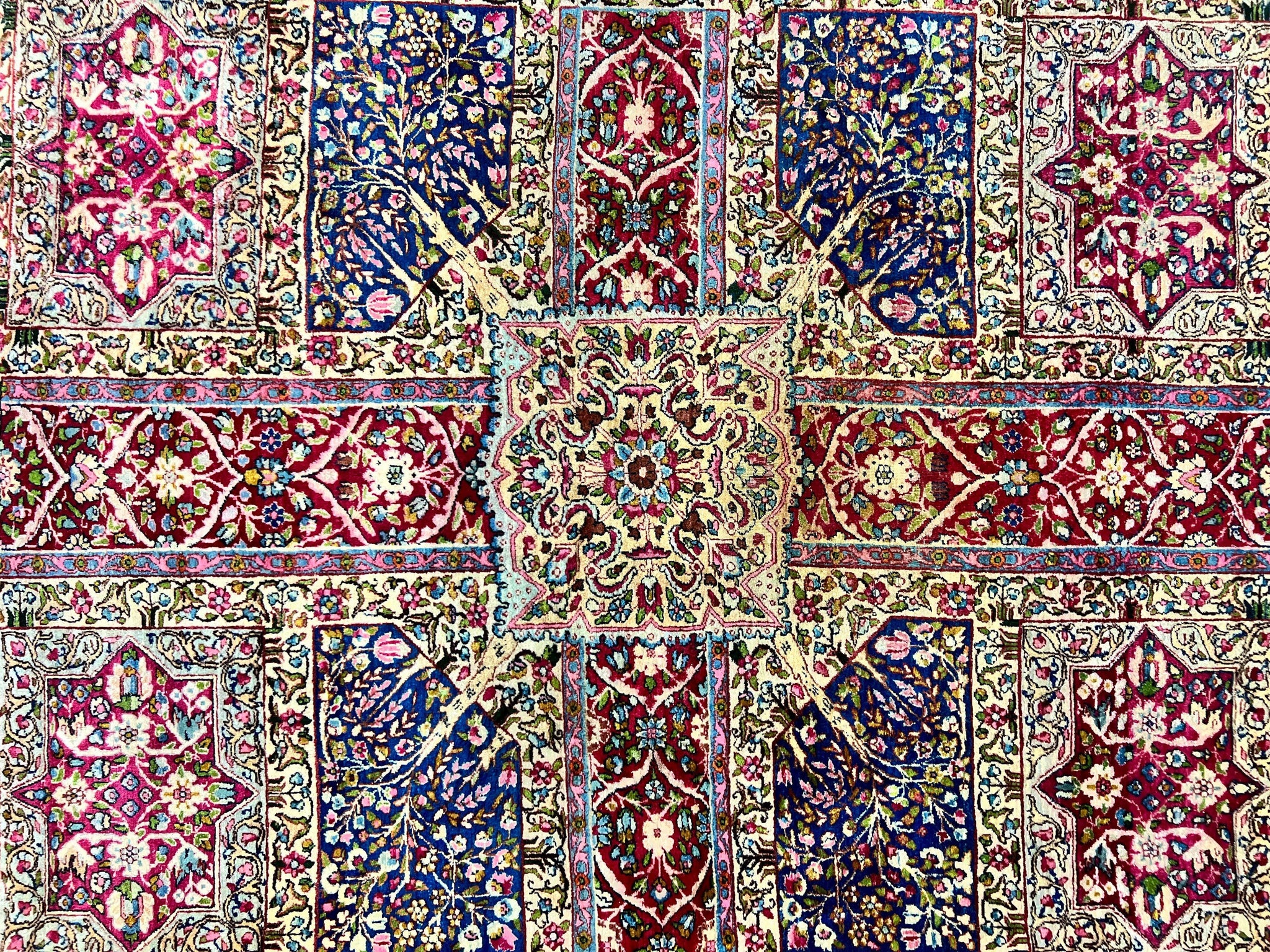 Persian Kirman Lavar Rug 8x9, Antique Persian Carpet, Colorful Multicolor 1920s Handmade Wool Rug, Garden Panel Design, Fine 200 KPSI by Jewel Rugs