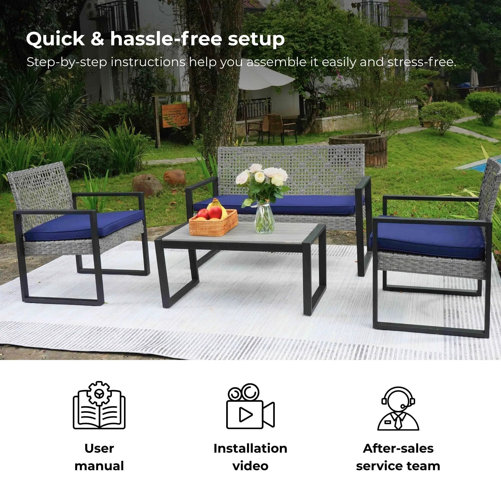 4 Piece Patio Furniture Set With Acacia Wood Table Top And Cushions by HouseOfZazla
