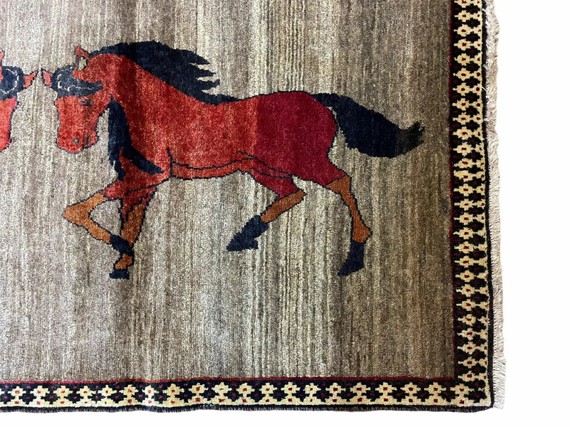 4 X 7 Handmade Hand-Knotted Quality Wool Rug Pictorial Horses Veggie Dyes Tribal by Jewel Rugs