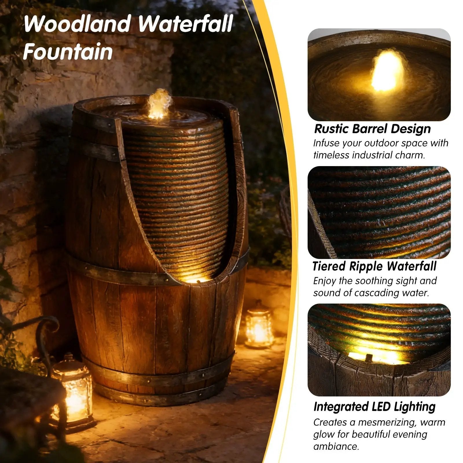 Outdoor Barrel Water Fountain with Rustic Wood Look Resin by HouseOfZazla