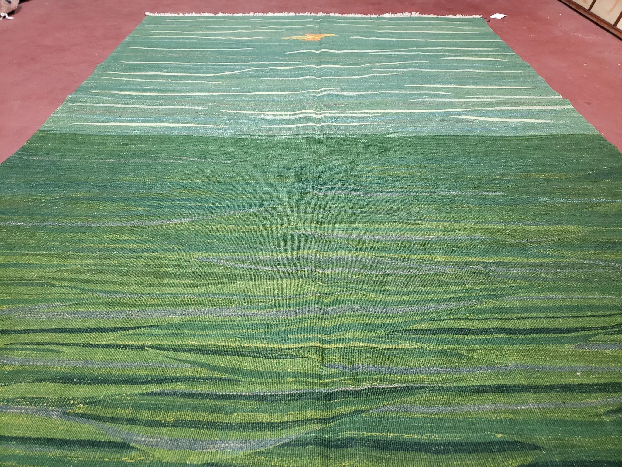 Green Turkish Kilim Rug, 6x9 - 7x10 Rugs, Bird, Handmade New Area Rug, Wool, Bohemian Boho Decor, Hand Woven, Modern Abstract Flat Weave Rug by Jewel Rugs