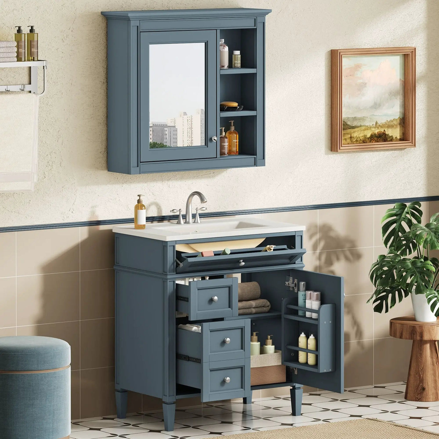 Bathroom Vanity With Medicine Cabinet, Royal Mirror Cabinet, Modern Bathroom Storage Cabinet With 2 Soft Closing Doors And 4 Drawers by Unique Piece Furniture