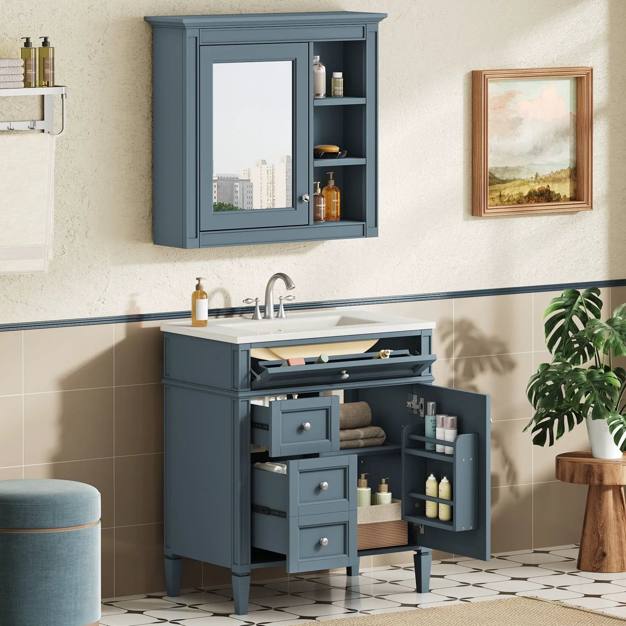 Bathroom Vanity With Medicine Cabinet, Royal Mirror Cabinet, Modern Bathroom Storage Cabinet With 2 Soft Closing Doors And 4 Drawers by HouseOfZazla