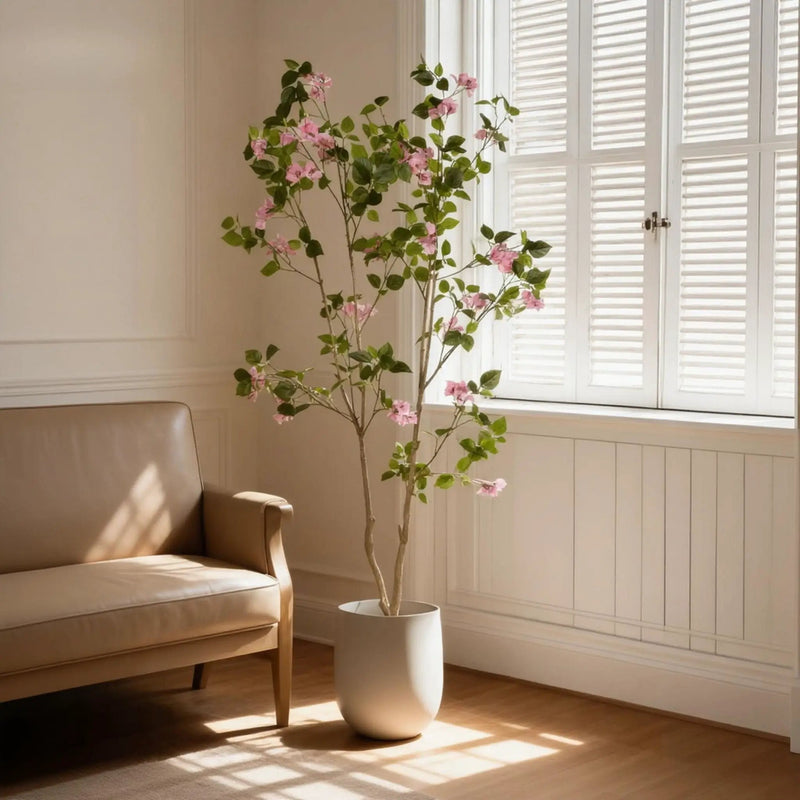 Artificial Bougainvillea Tree With Pot, Realistic Faux Flowering Plant Leaves And Blooms, Decor For Home Office - Green Leaves / Pink by Unique Piece Furniture