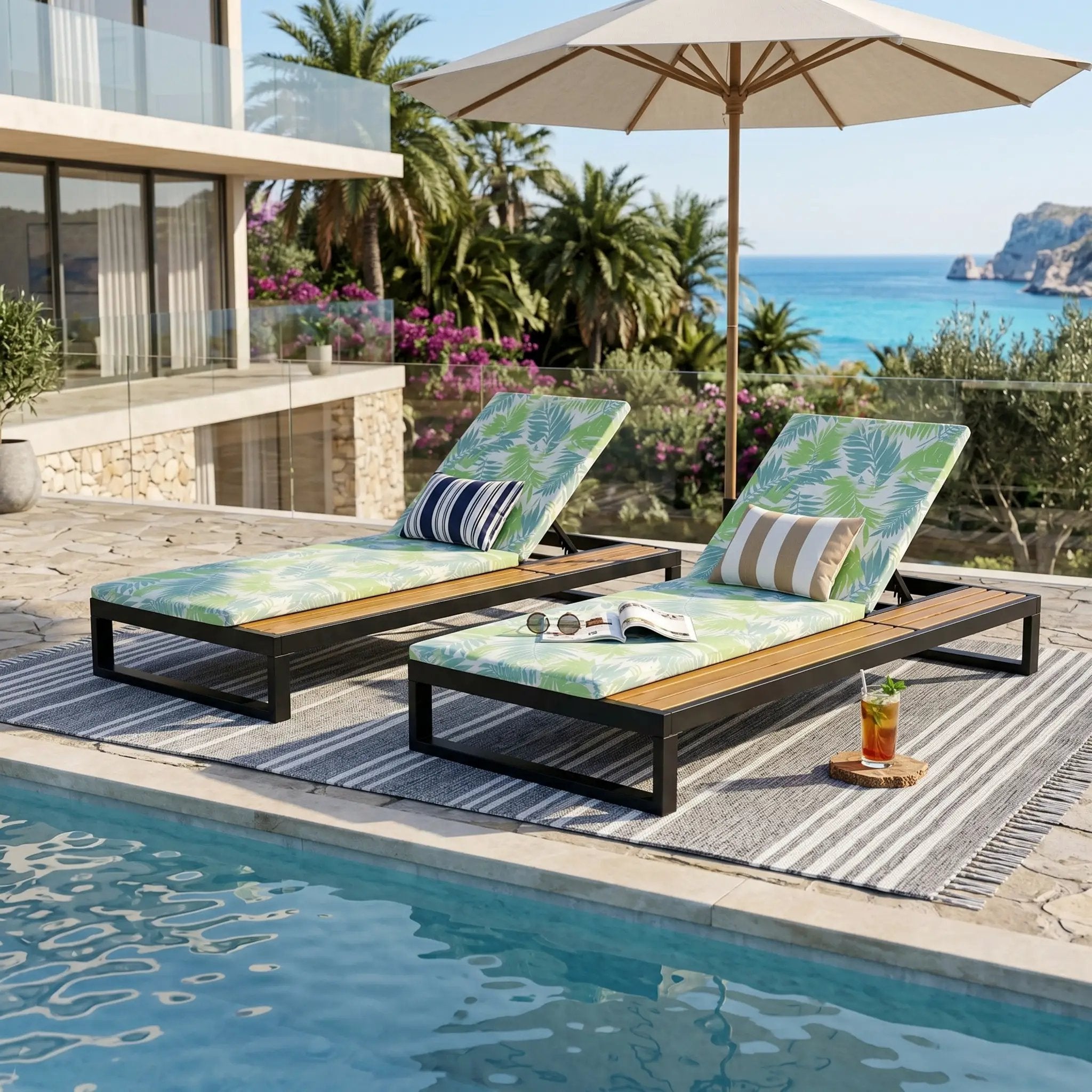 Black Iron & Teak Finish Chaise Lounge Set by HouseOfZazla