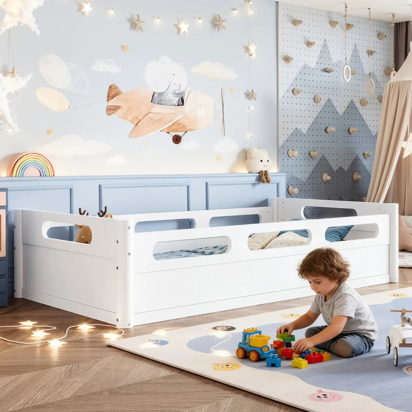 Twin Size Floor Platform Bed with Full-Length Guardrails by HouseOfZazla
