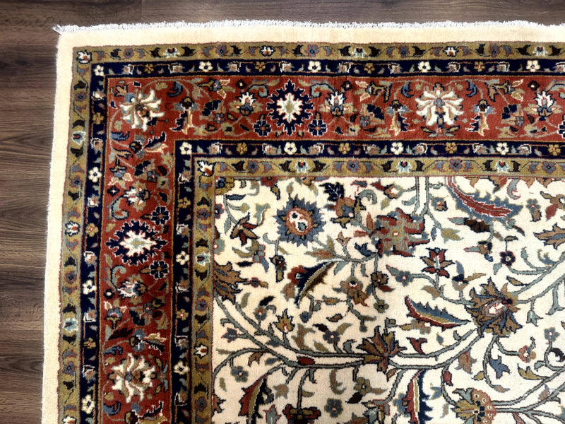 Indo Persian Rug 9x12, Ivory and Red, Traditional Wool Oriental Carpet by Jewel Rugs