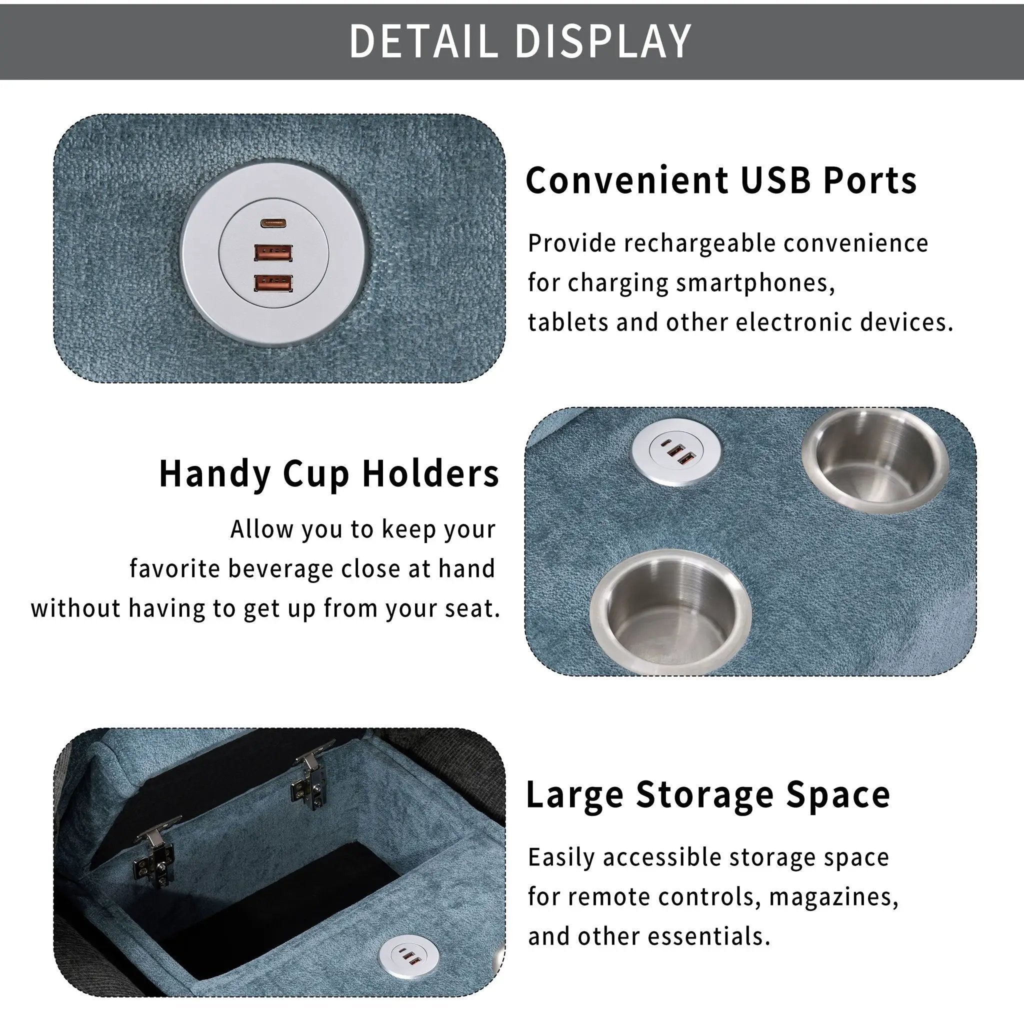 Sectional Sofa With Removable Ottomans, USB Ports, Cup Holders & Storage - Gray / Light Blue by HouseOfZazla