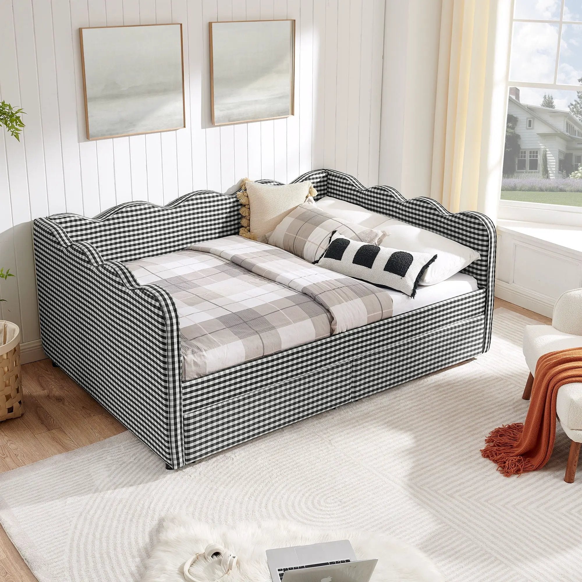 Gingham Daybed With USB Charging Port, Wave-Shaped Design by Unique Piece Furniture