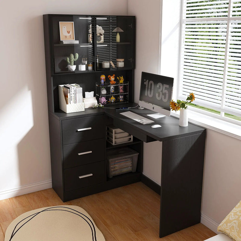 L-Shaped Computer Desk With Glass Cabinets, Built In LED Lights, USB Charging Ports by Unique Piece Furniture