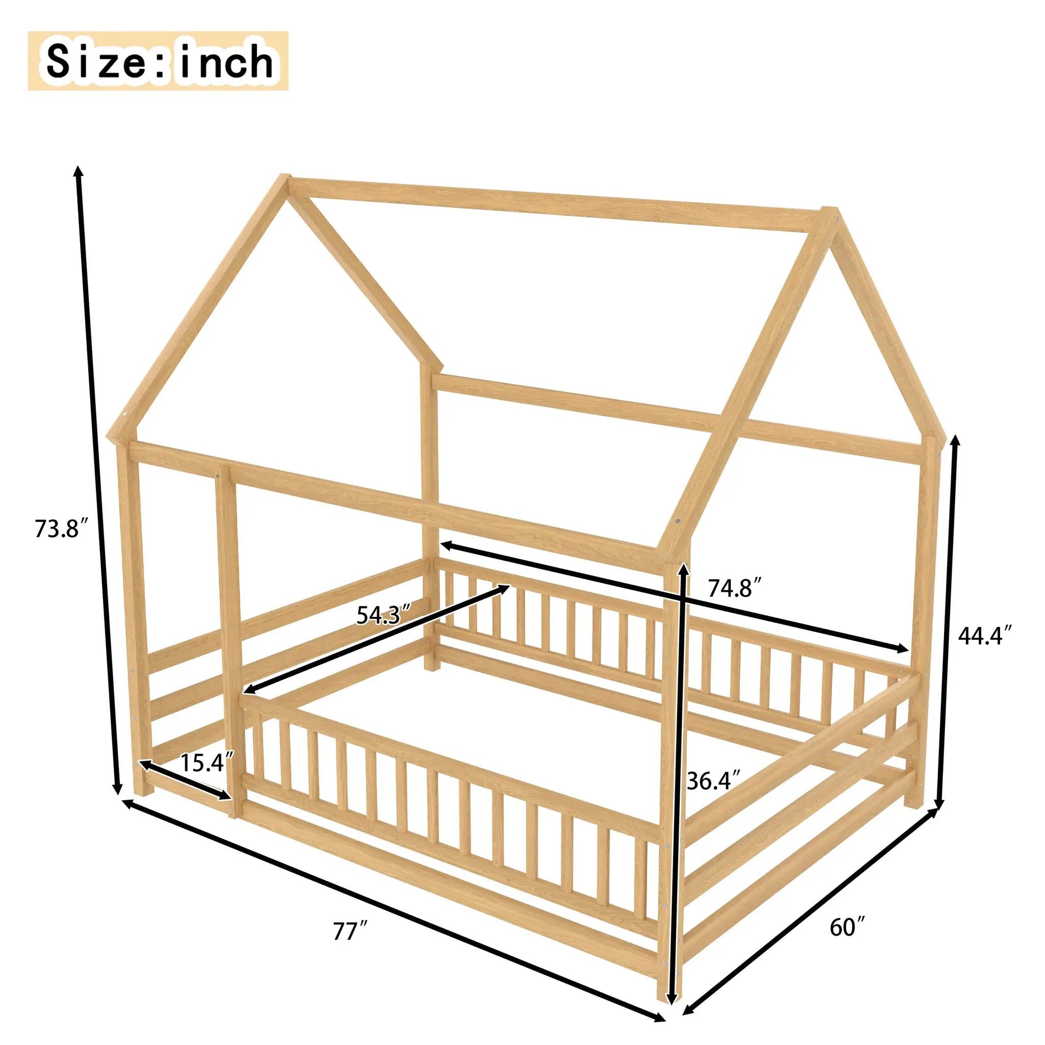 Full Size Floor Wooden Bed with House Roof Frame by HouseOfZazla