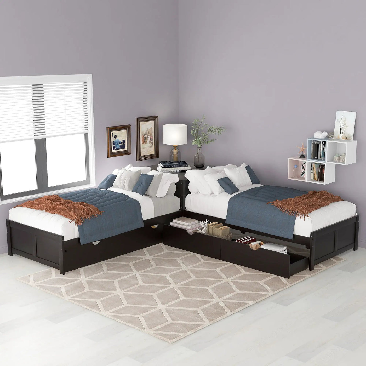 L Shaped Platform Bed With Trundle And Drawers Linked With Built In Desk by Unique Piece Furniture