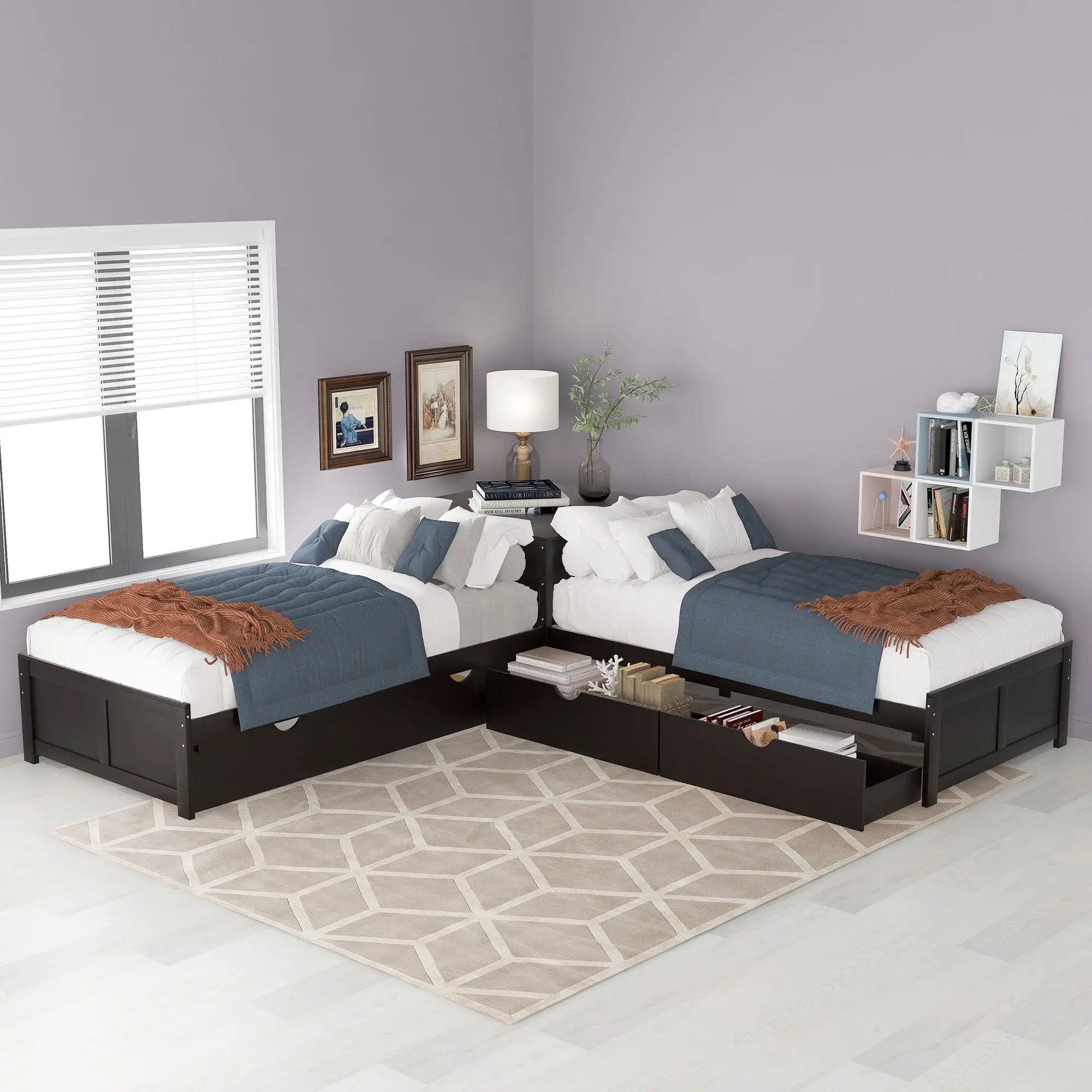 L Shaped Platform Bed With Trundle And Drawers Linked With Built In Desk by Unique Piece Furniture
