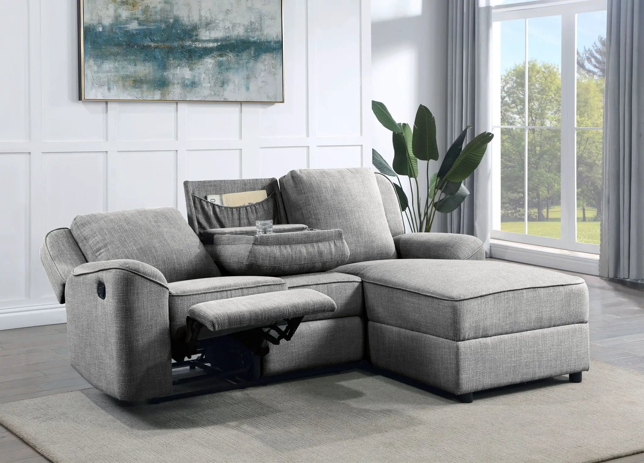 Destiny - Linen Sectional Sofa With Dropdown Table - Gray by Unique Piece Furniture
