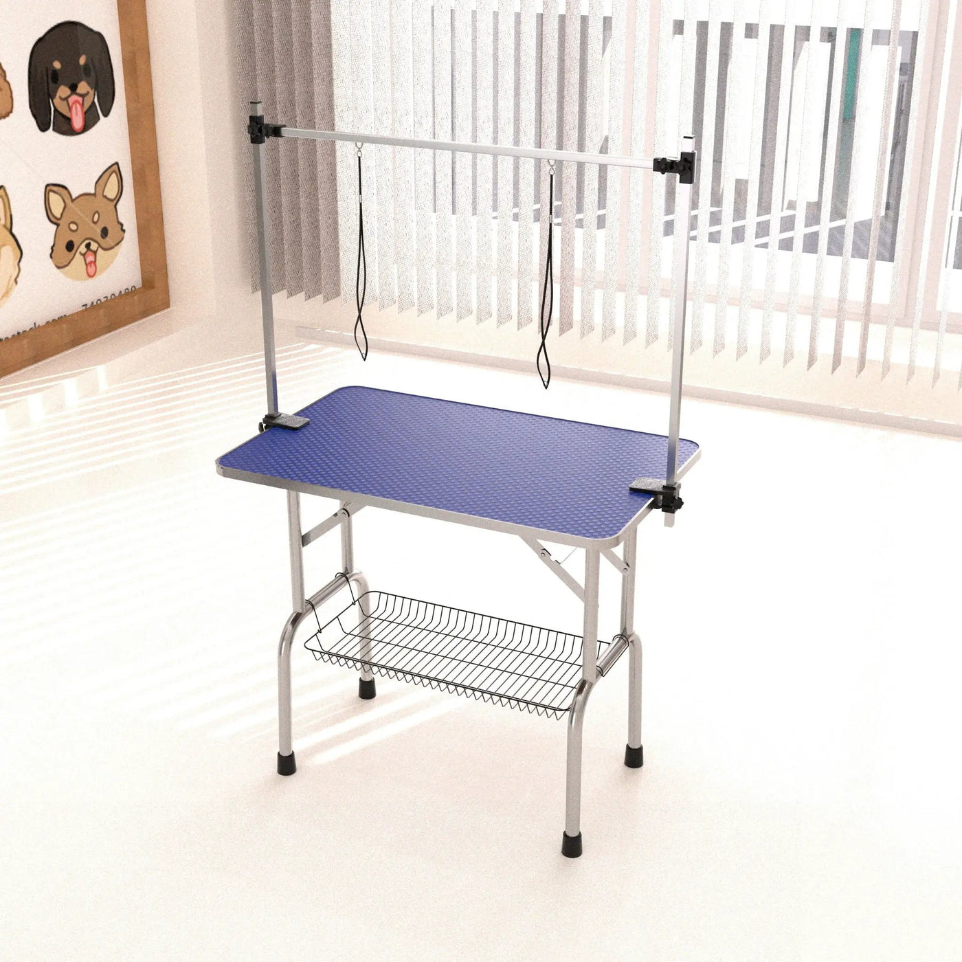 Folding Dog Pet Grooming Table Stainless Steel Frame Rubber Mat On Board With Adjustable Arm And Clamps Pet Dog Cat Grooming Table by HouseOfZazla