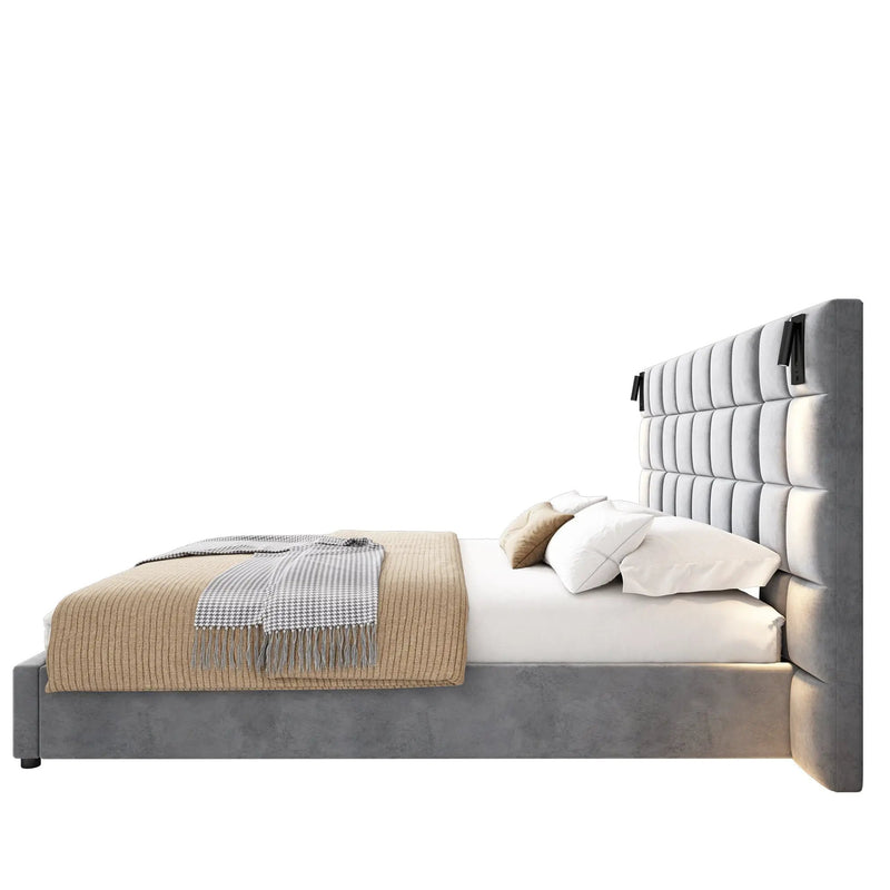 King Size Upholstered Bed Frame with Wall Sconce and USB Port by HouseOfZazla