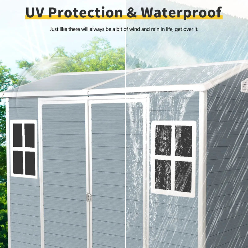 Resin Outdoor Storage Shed With Two - Window And Double - Door, Plastic Shed With Floor For Gargen, Patio, Yard, Lawn by HouseOfZazla