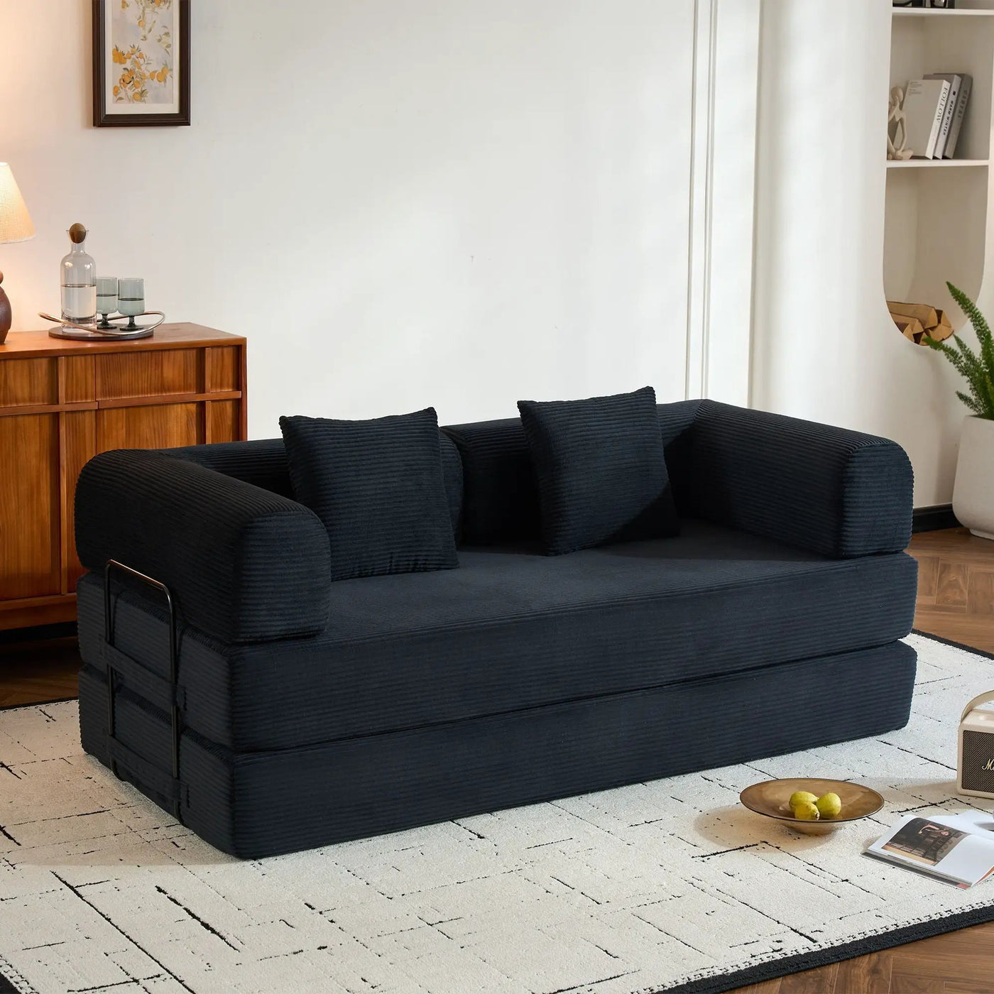 Convertible Sleeper Sofa Bed With Cylindrical Pillow, With Fixed Shape Frame by HouseOfZazla