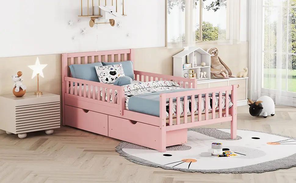 Platform Bed With Guardrails On Both Sides And 2 Storage Drawers by HouseOfZazla