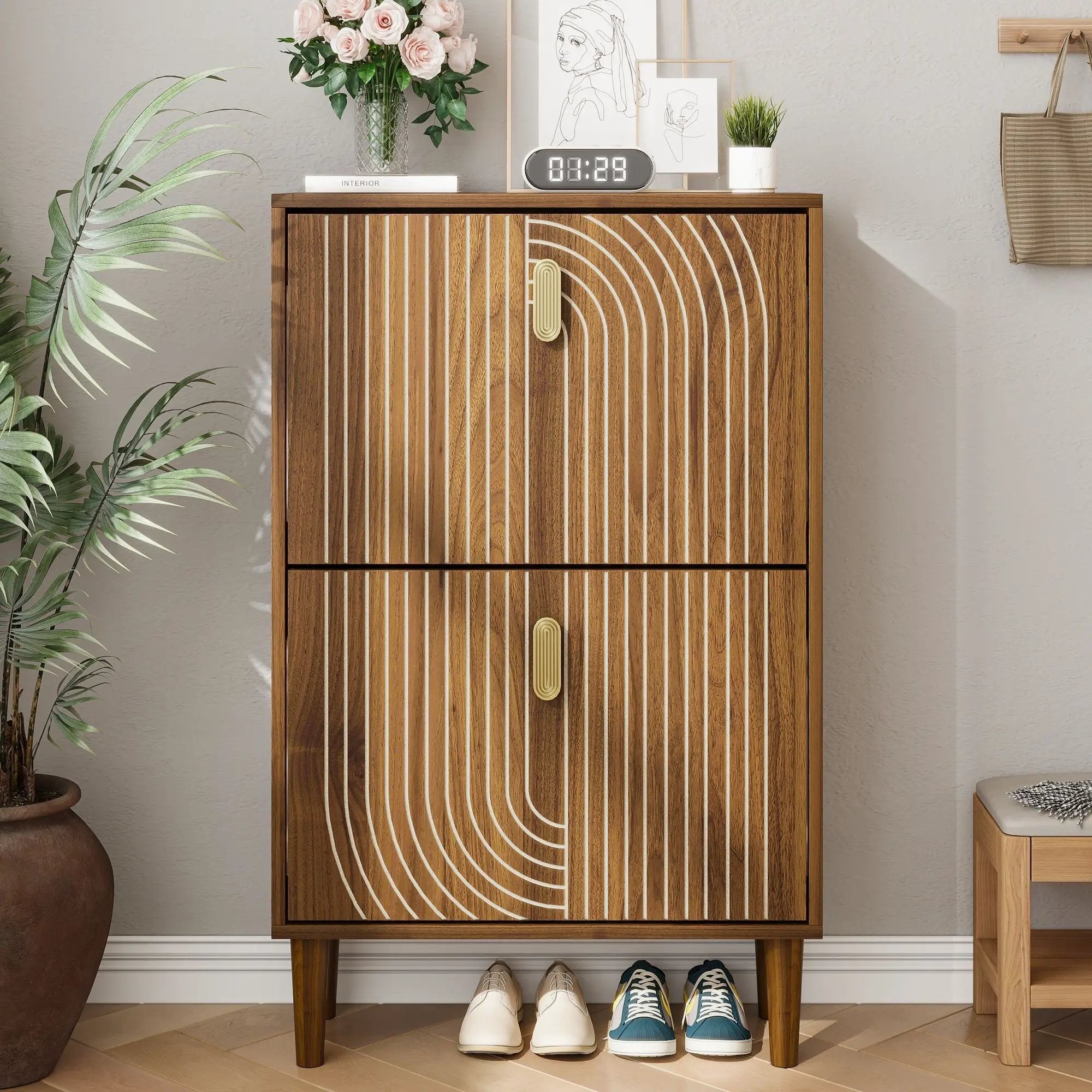 Modern Minimalist Shoe Storage Cabinet With 2 Flip Drawers And Metal Handles - Brown by HouseOfZazla