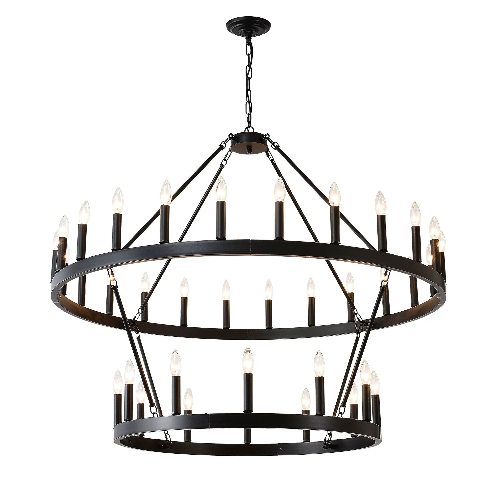 2 Tiers Wagon Wheel Chandelier Wooden Farmhouse 36 Light (24 / 12) Or (12 / 24) Metal Chandeliers 2 Story Light Fixtures Industrial For High Ceiling Living Dining Room Foyer, Adjustable Height - Black by HouseOfZazla