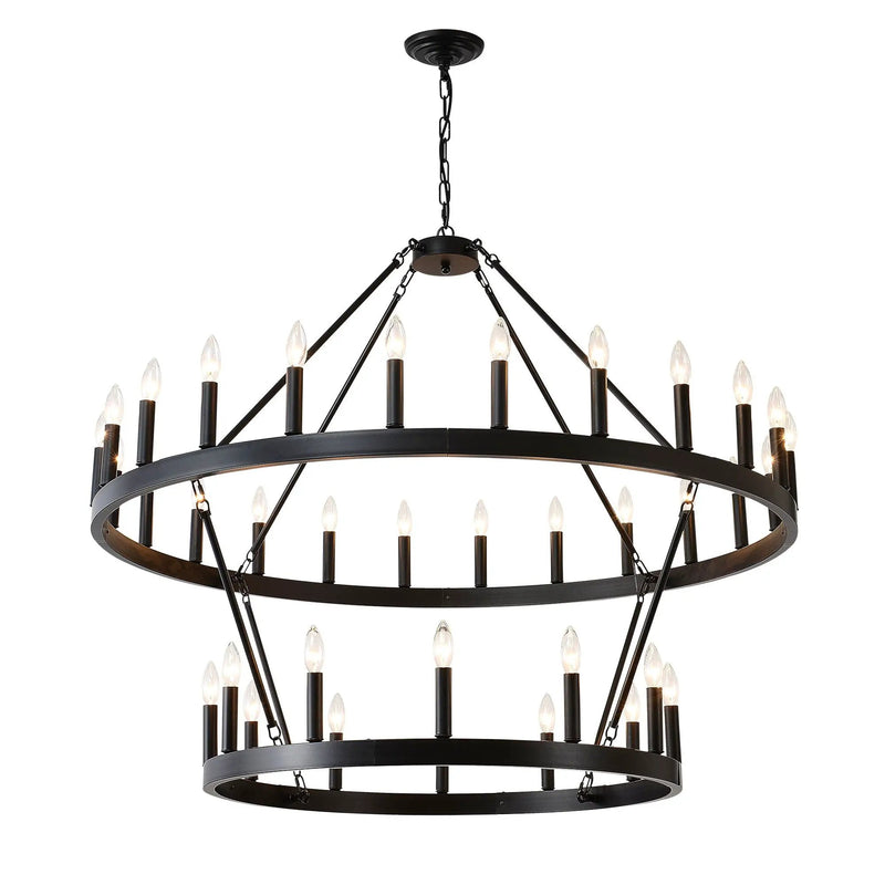 2 Tiers Wagon Wheel Chandelier Wooden Farmhouse 36 Light (24 / 12) Or (12 / 24) Metal Chandeliers 2 Story Light Fixtures Industrial For High Ceiling Living Dining Room Foyer, Adjustable Height - Black by HouseOfZazla