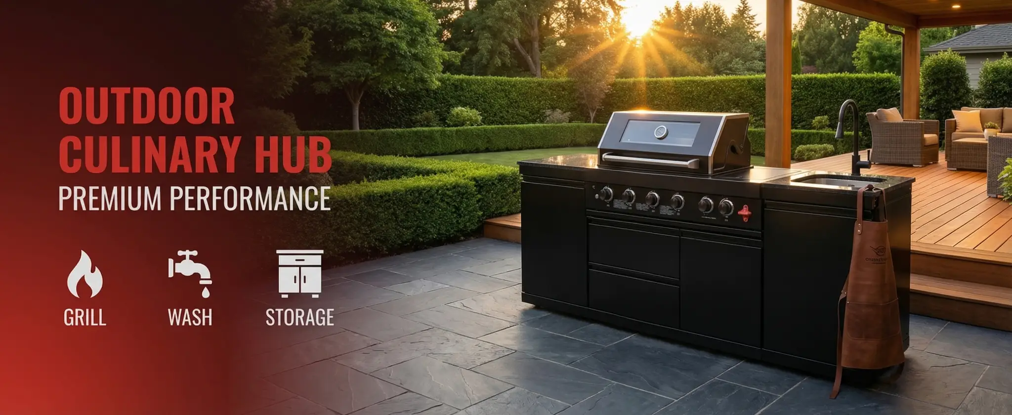 85" 4-Burner 85,000 BTU Black Outdoor Kitchen Island Grill + Storage Cabinets + Sink by Chery Industrial