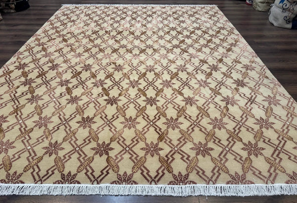 Tibetan Rug 8x10, Wool with Silk Highlights, Beige and Maroon, Contemporary Carpet, photo 2 of 13