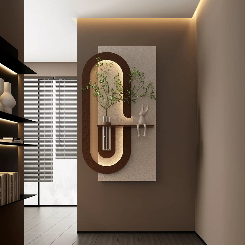 Adjustable LED Sandstone Wall Decor With Simulated Plants 3D Art Sculpture, Glass Vase & Rabbit Statue, Remote Control - Light Coffee by Unique Piece Furniture