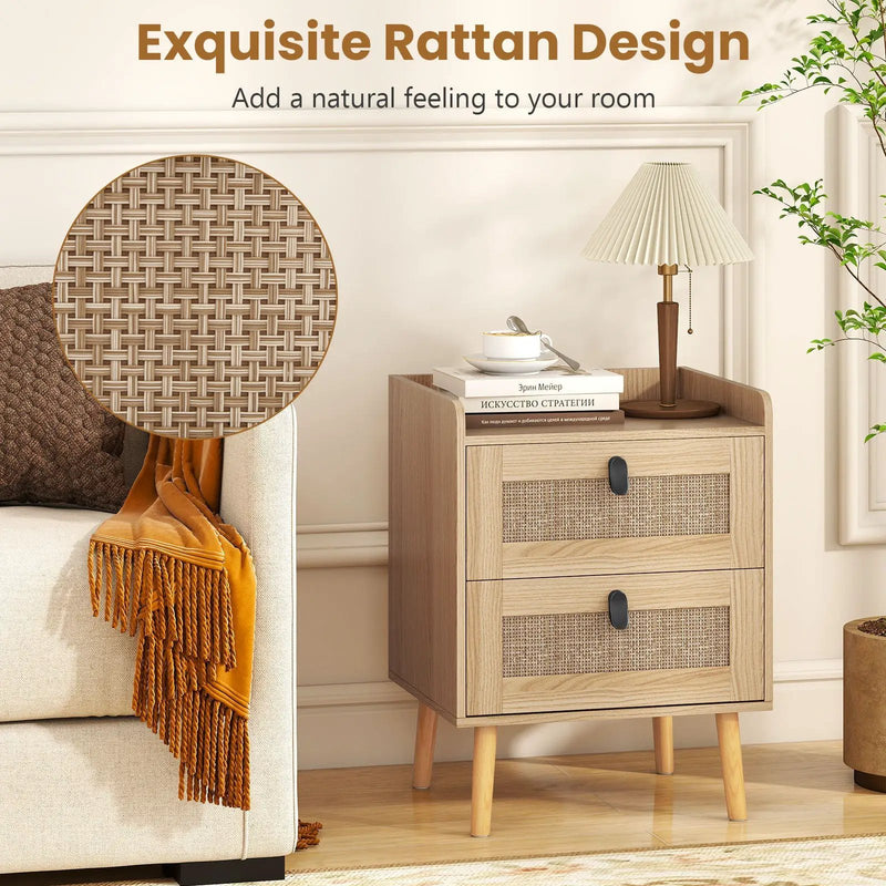 Modern End Table Bedside Table with 2 Rattan Decorated Drawers by DirectDeals