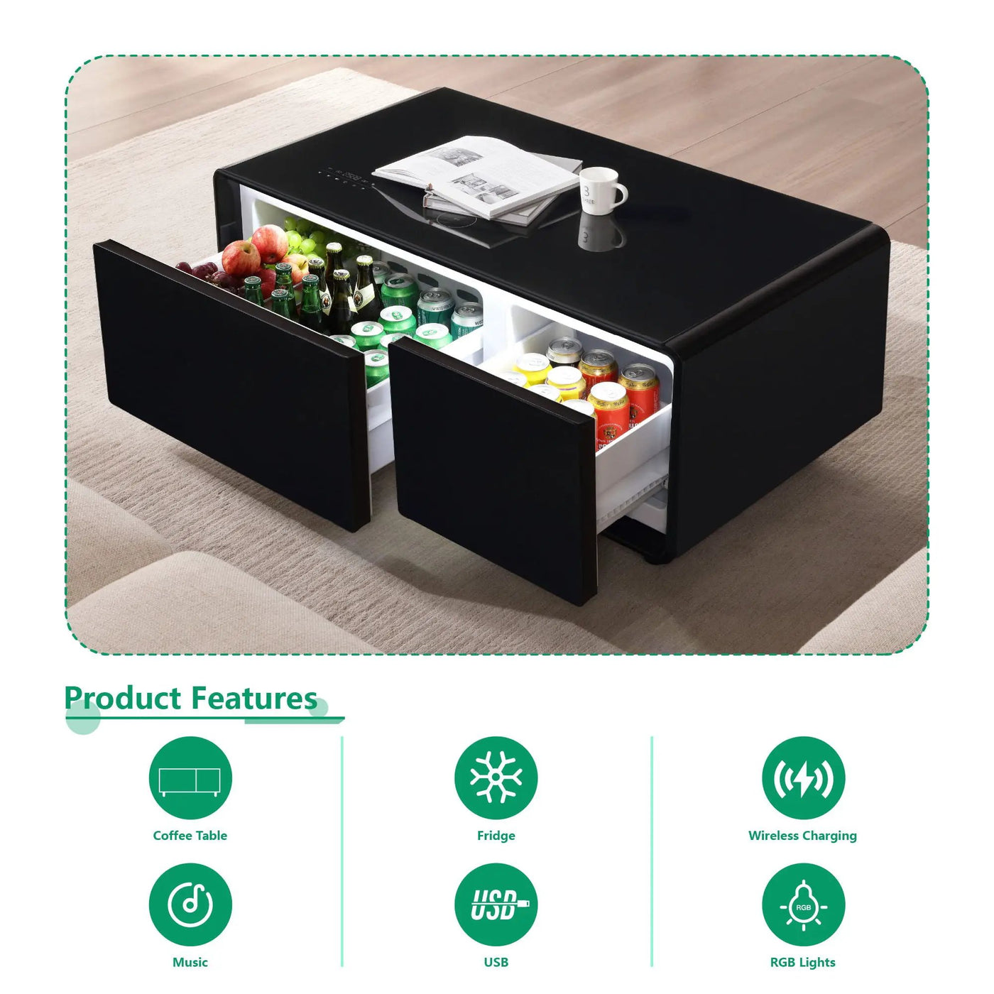 Modern Smart Coffee Table With Built-In Fridge - tooth Speaker, Wireless Charging, Touch Control Panel, USB Interface, Outlet Protection, Atmosphere Light by HouseOfZazla