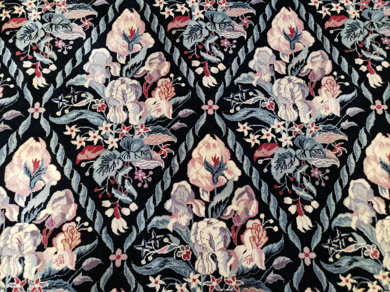 Sino-Persian Kirman Rug 9x12 Floral Handmade Wool Carpet Black & Ivory Vintage by Jewel Rugs