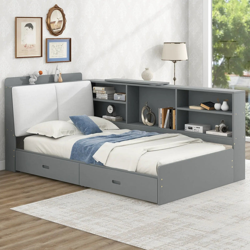 Platform Bed With Storage Headboard, Shelves And 2 Drawers by Unique Piece Furniture