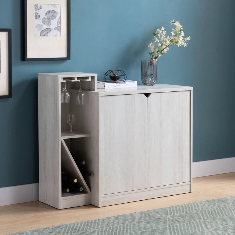 Bar Cabinet, Wine Bottle Storage Display Kitchen Cabinet, Holds 4 Wine Bottles - White Oak by Unique Piece Furniture