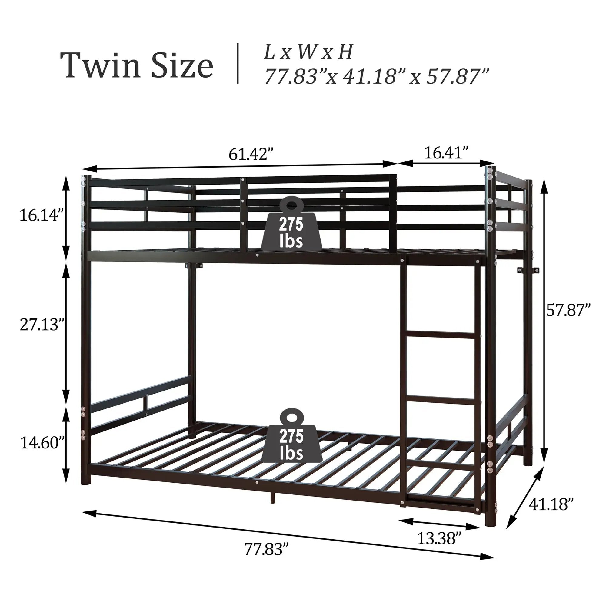 Bunk Bed with Ladder and High Guardrail Metal Bunk Bed, Storage Space, Noise Free, Twin Over Twin Size by HouseOfZazla