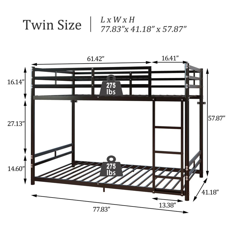 Bunk Bed with Ladder and High Guardrail Metal Bunk Bed, Storage Space, Noise Free, Twin Over Twin Size by HouseOfZazla
