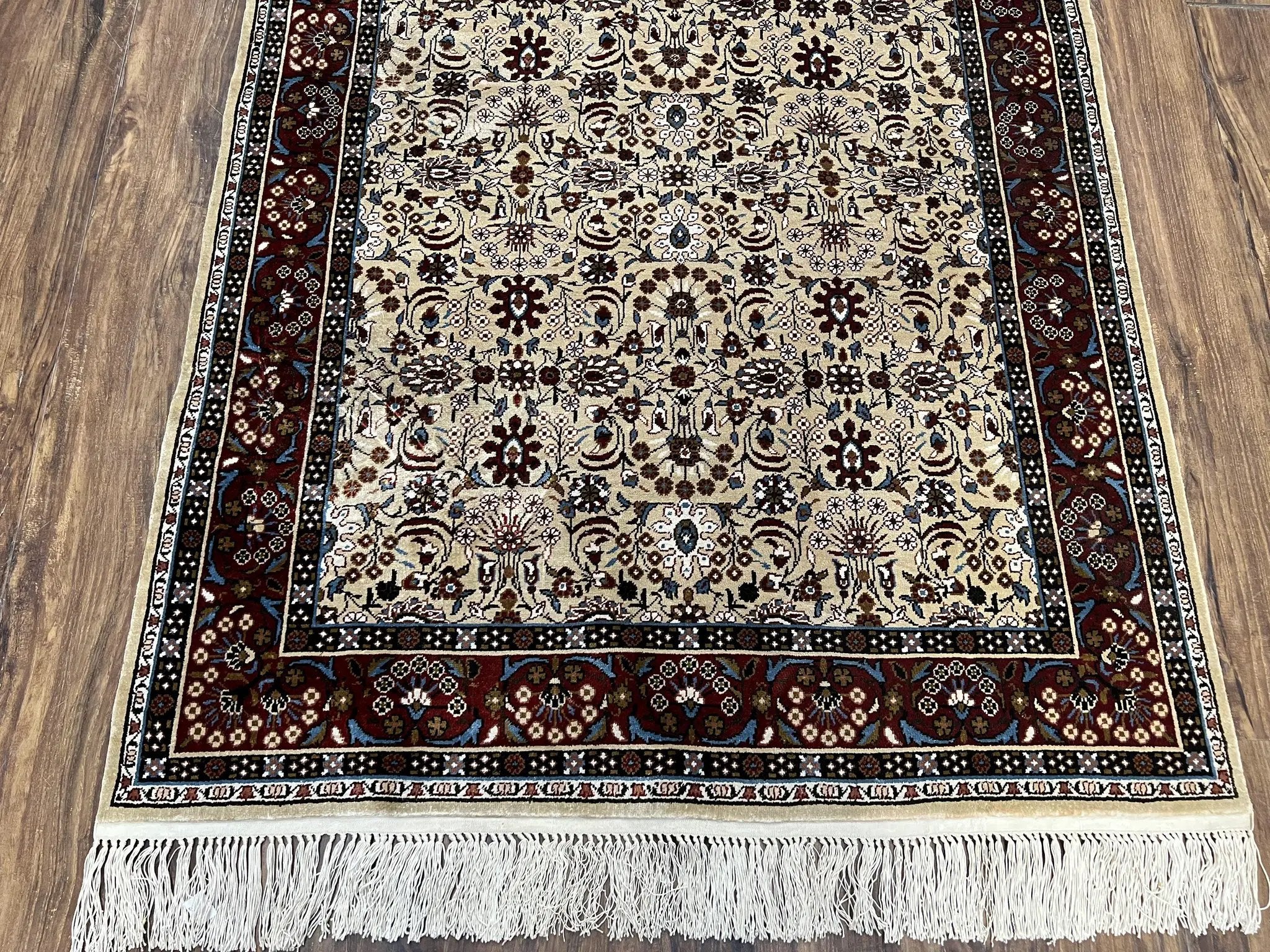 Fine Sino-Persian Silk Rug 3x5, High Quality Silk Carpet, Handmade Small Silk Rug, Allover Repeated Motif, Tan Maroon Blue Vintage Silk Rug by Jewel Rugs