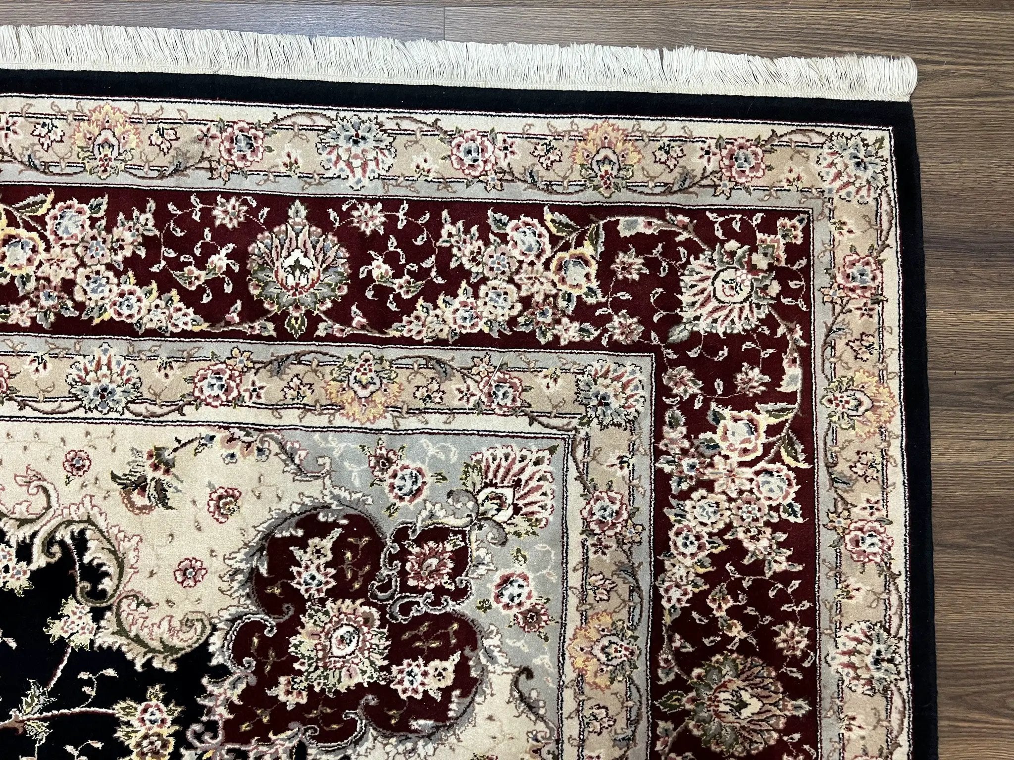Pak Persian Rug 8.8 x 10.6, Floral Medallion, Wool and Silk Hand Knotted Fine Oriental Carpet, Elegant Rug, Black Gray Burgundy, Room Sized by Jewel Rugs