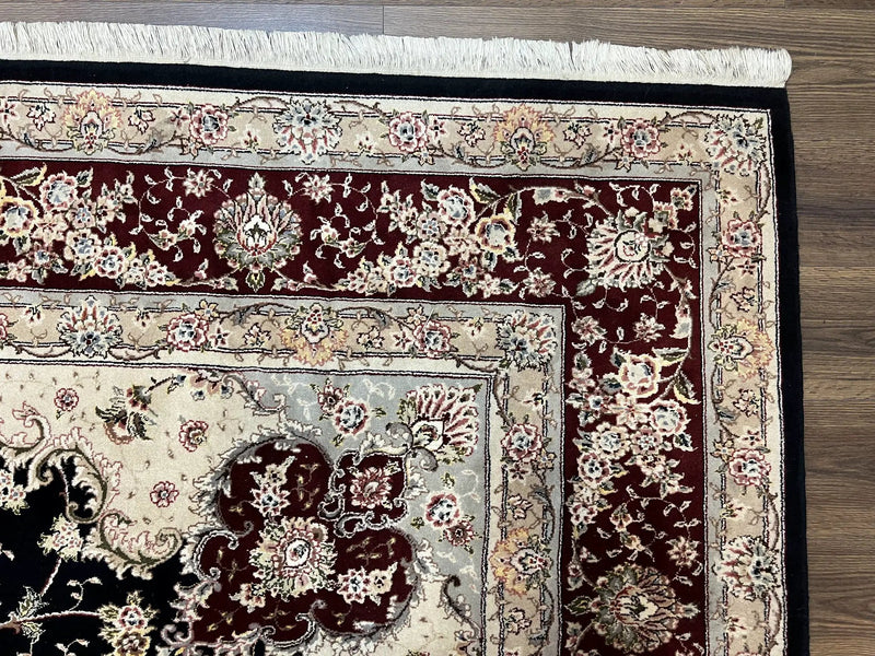 Pak Persian Rug 8.8 x 10.6, Floral Medallion, Wool and Silk Hand Knotted Fine Oriental Carpet, Elegant Rug, Black Gray Burgundy, Room Sized by Jewel Rugs