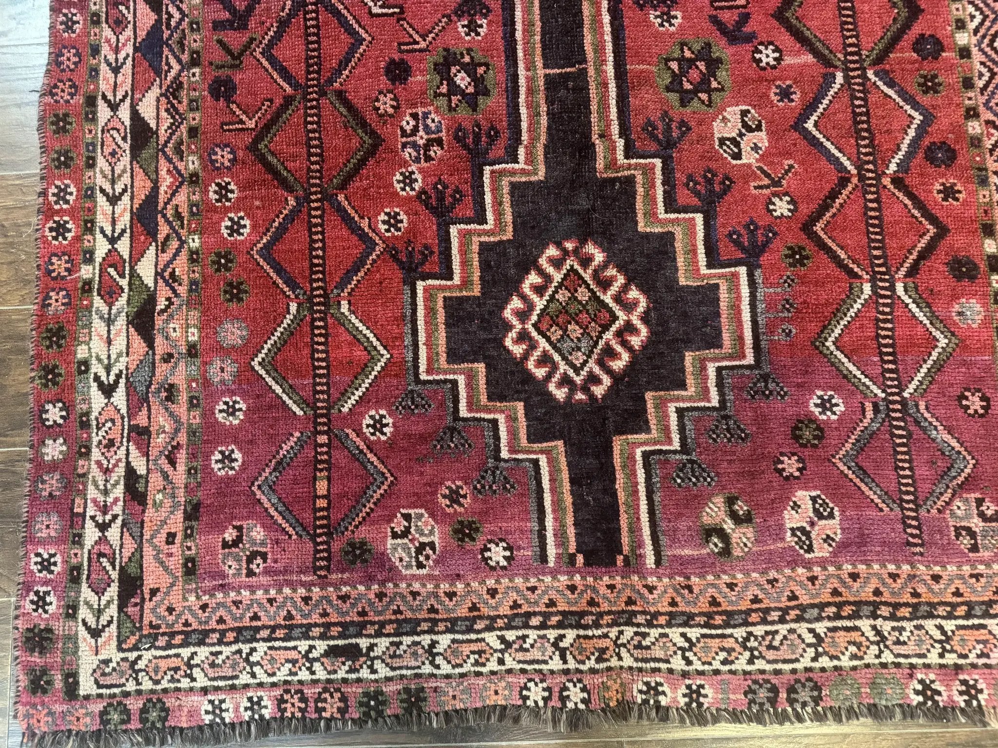 Persian Tribal Shiraz Rug 5x8, Geometric, Raspberry Red and Charcoal, Antique Persian Carpet by Jewel Rugs