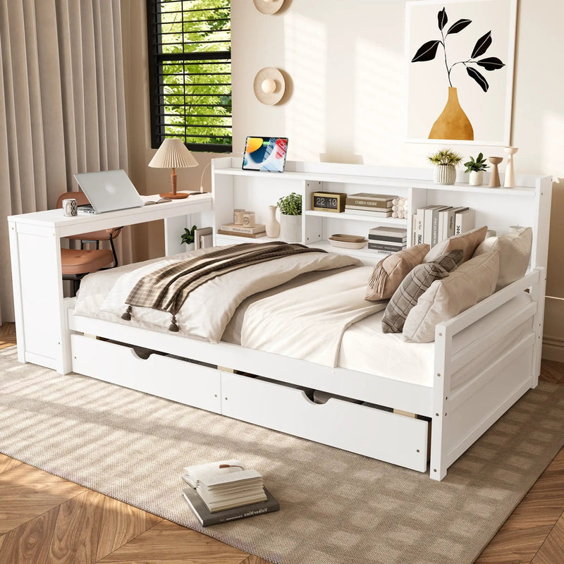 Corner Daybed With Storage Drawers, Desk, Charging Port & Bookcase by Unique Piece Furniture