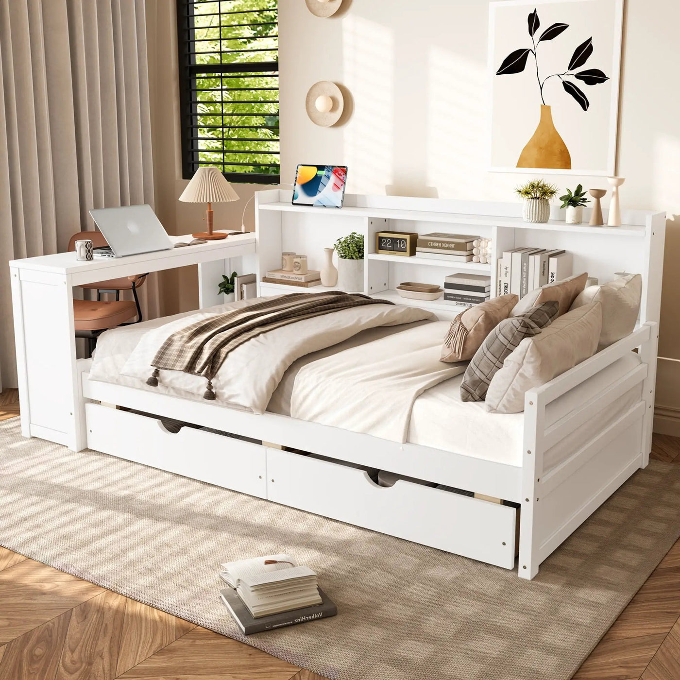 Corner Daybed With Storage Drawers, Desk, Charging Port & Bookcase by Unique Piece Furniture